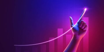 Business success of growth metaverse finance and investment profit graph concept or development analysis progress chart on financial market achievement strategy background with increase hand diagram