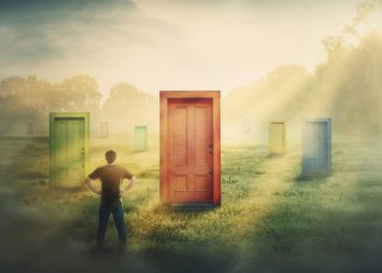 Canadian investor contemplating U.S. stocks with multiple doors to choose from.