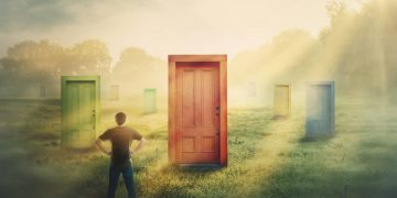 Canadian investor contemplating U.S. stocks with multiple doors to choose from.