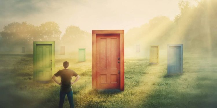 Canadian investor contemplating U.S. stocks with multiple doors to choose from.