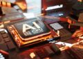 A microchip in a circuit board powers artificial intelligence.