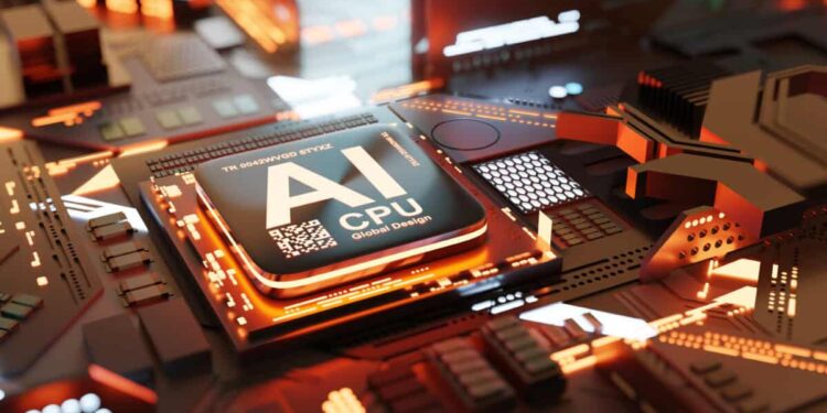 A microchip in a circuit board powers artificial intelligence.
