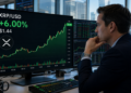 Trader watches XRP rise 6% to $1.44 on a large XRP/USD market screen