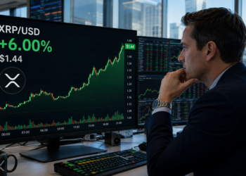 Trader watches XRP rise 6% to $1.44 on a large XRP/USD market screen