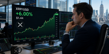 Trader watches XRP rise 6% to $1.44 on a large XRP/USD market screen