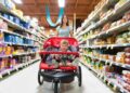 A woman shops in a grocery store while pushing a stroller with a child
