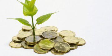 A close up color image of a small green plant sprouting out of a pile of Canadian dollar coins "loonies."