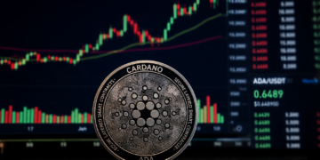 Cardano ADA coin stands in front of a trading screen showing a rising crypto price chart.
