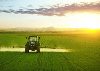 Tractor spraying a field of wheat with fertilizer