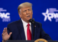 Donald Trump speaking at a conference