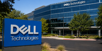 Dell Technologies logo outside a modern glass-fronted corporate office