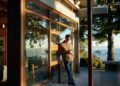 person on phone leaning against outside wall with scenic view at airbnb rental property