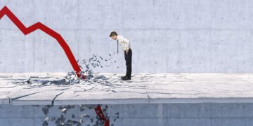 a person watches a downward arrow crash through the floor