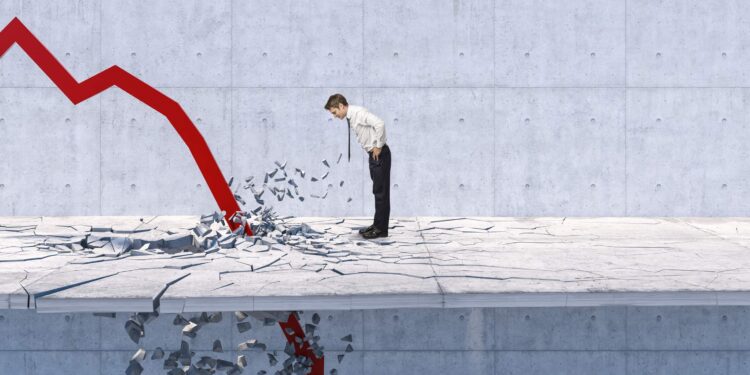 a person watches a downward arrow crash through the floor